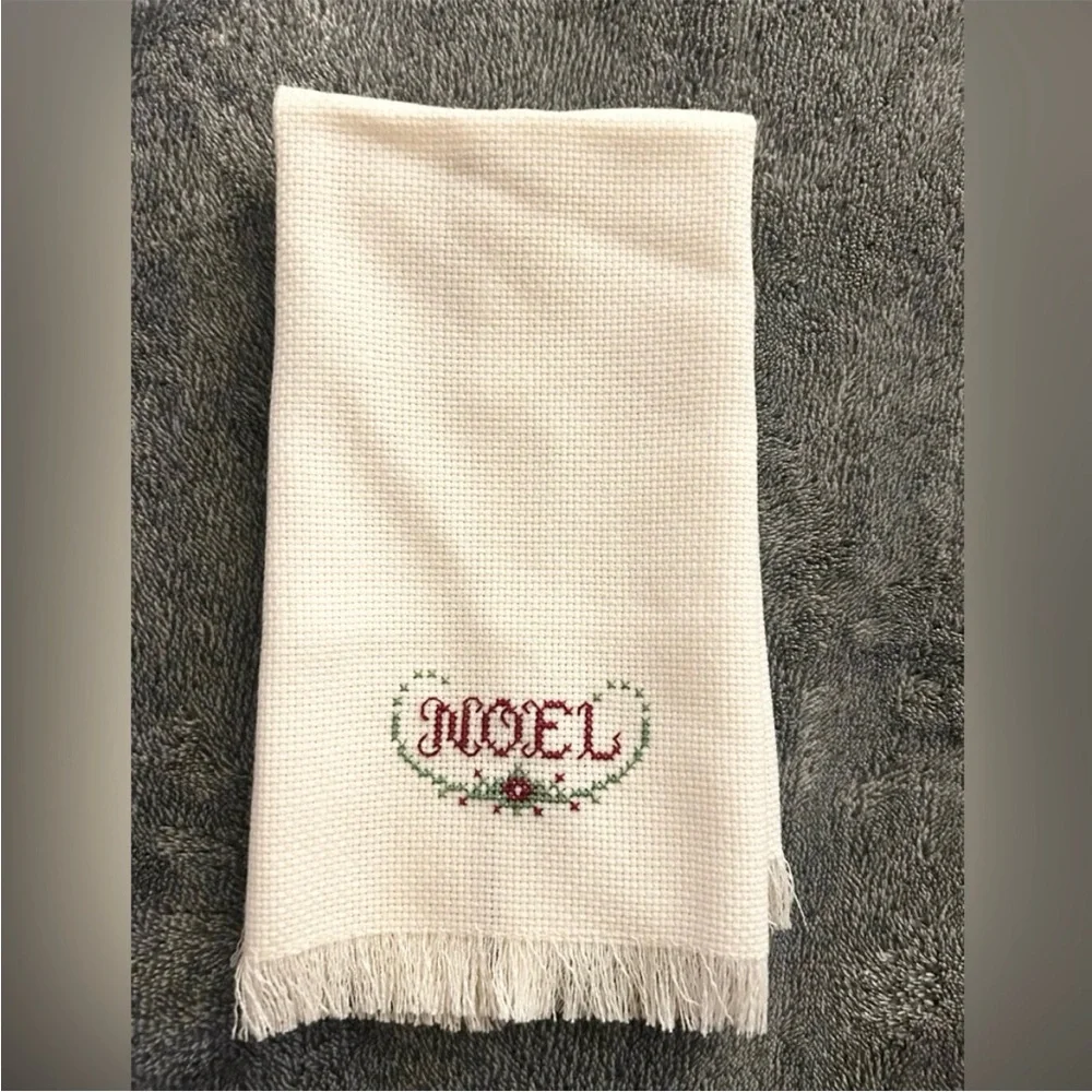 Christmas Noel Embroidered Cross-stitch Needlepoint Cream Hand Towel